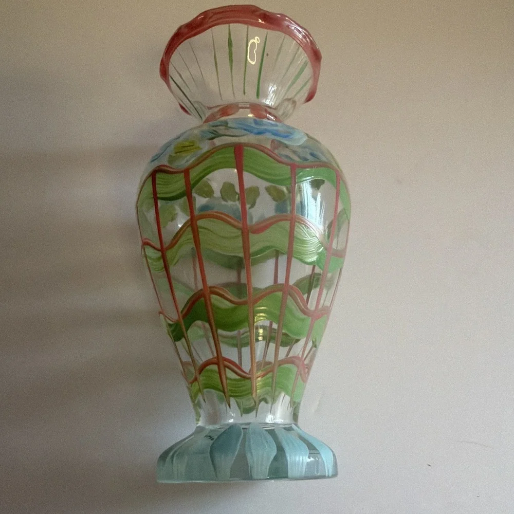 Tracy Porter Hand Painted Glass Floral Bud Vase Scallop Edge Blue Flowers Green